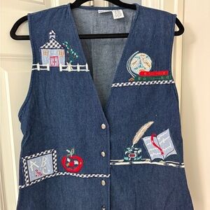 Vintage Embroidered Denim Vest with School Motif